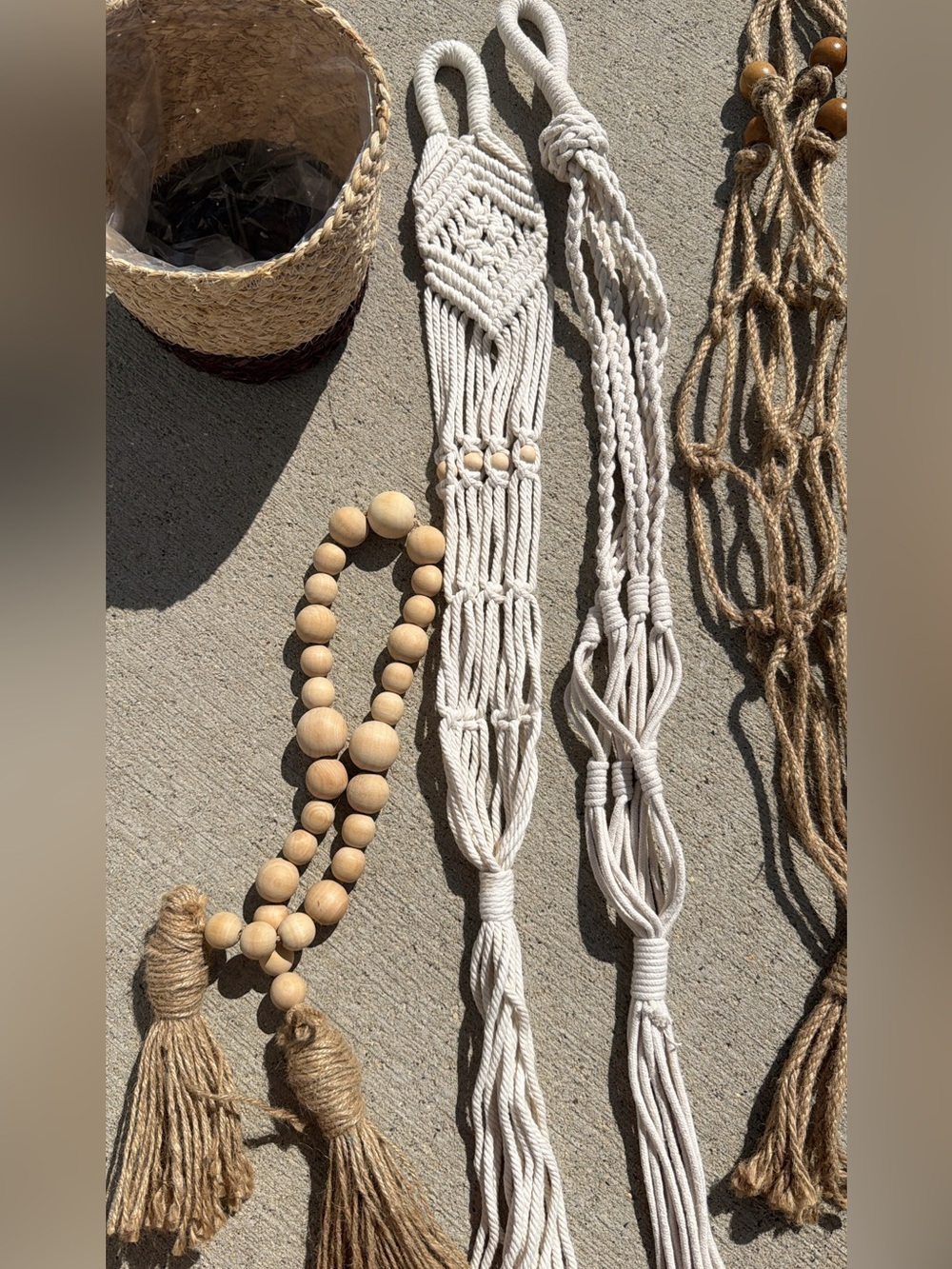 Boho Cottage Decor Set: Macrame & Rope Plant Hangers, Woven Basket & Beads - Picture 3 of 5